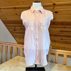 Lush Women's Embroidered Floral Sleeveless Sheer Pink High-Low Blouse Size M